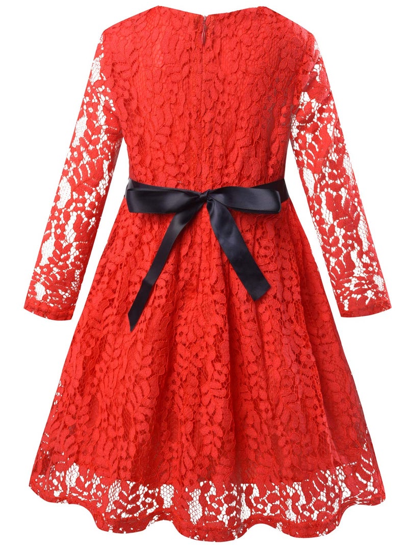 Bonny Billy Girls Long Sleeve Midi Lace Christmas Dress with Bow Sash 4-5 Years Red - Image 4